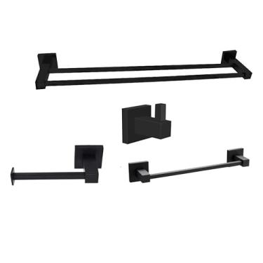 Imagem de Kit Porta Toalha Duplo Papeleira Ret Toalheiro Preto Cabide