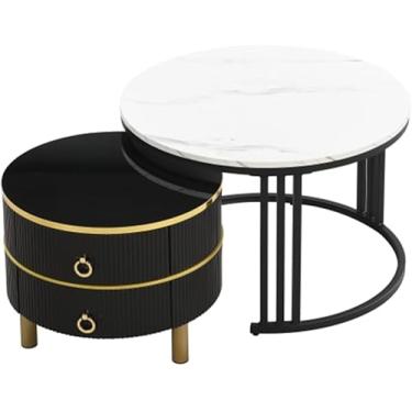 Imagem de Mesa de centro redonda, mesa lateral 2 em 1 com tampo de mármore branco, mesa de chá para sofá para espaço pequeno/sala de estar/quarto, 70 * 70 * 46 + 50 * 50 * 40 cm, preta