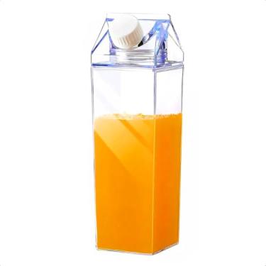 Imagem de Garrafa Transparente De Água Suco Leite 500ml De Acrílico Em Formato Caixa De Leite Geladeira Com Adesivos Compacta Multiuso Antivazamento (Transparente)