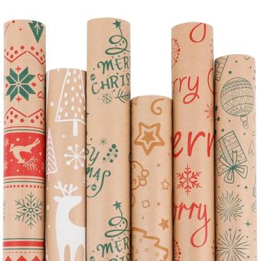 Imagem de KIMOBER 6 rolos de papel de embrulho de Natal, papel kraft marrom com elementos coloridos de Natal e linhas cortadas no verso (43 x 299 cm por rolo, estilo colorido)