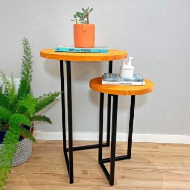 Imagem de Duo Mesa de Canto Circular de Ferro e Madeira Style Industrial Carvalh