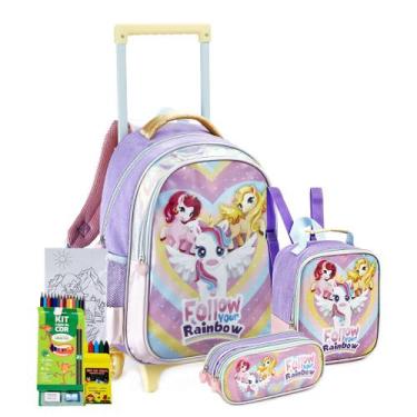 Imagem de Kit Mochila Rodinha Infantil Estojo E Lancheira Unicórnio Colorido Men