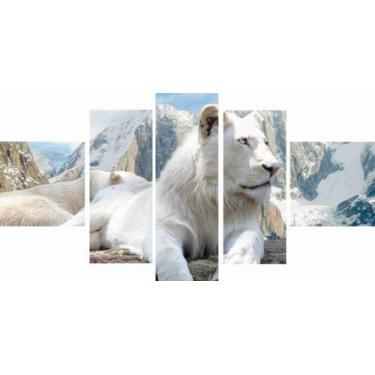 Imagem de Quadro Mosaico Para Sala 5 Partes Leao BrancoNovo - Paradecoração