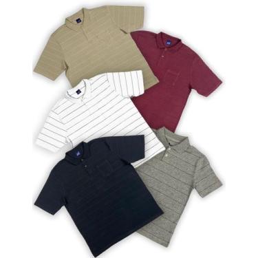 Imagem de KIT Masculino 5 Peças - Camisa Polo Listrada Bege, Cinza, Preto, Branc