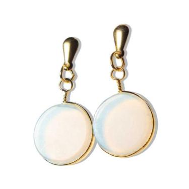 Imagem de Brinco Disco Pedra da Lua Opalina Tarracha Dourado - CristaisdeCurvelo