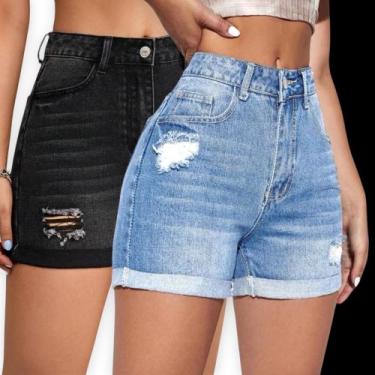 Imagem de Kit 2 SHORTS JEANS RASGADO Slim FEMININO Casual Elastano Cintura Alta 