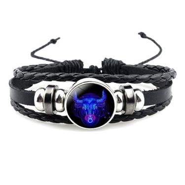 Imagem de ANGLEQUEEN Pulseira de constelação do zodíaco, 12 constelações, signos do zodíaco, guardião, pulseira de couro preto fluorescente para mulheres e homens joias, adjustable, Liga metálica, Sem Pedra