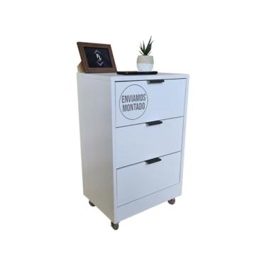 Imagem de Mesa de Cabeceira Para Quarto 3 Gavetas Gaveteiro Organizador Branco Para Escritório (Com Rodinhas, Puxador Preto)