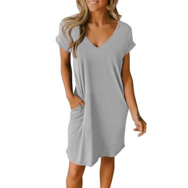 Imagem de BTFBM Vestidos femininos de verão com gola V manga curta 2024 primavera casual solto túnica vestido curto pijama com bolsos, Cinza, P