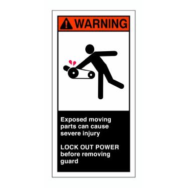 Imagem de Brady Etiqueta de segurança de poliéster autoadesiva 96180, laranja/branco em preto, 15 cm de altura x 7,6 cm de largura, legenda "Peças móveis expostas podem causar ferimentos graves e poder de
