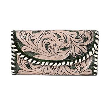 Imagem de Merbaa Carteira de couro trabalhada com detalhes para mulheres - vários compartimentos para cartões de crédito, carteira de couro com detalhes de atacado, carteira clutch de pulso, Verde e marrom,