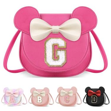 Imagem de XSUIOY Bolsa infantil para meninas, presente de aniversário para crianças, bolsa infantil com inicial personalizada, lindo laço de orelha, presente de menina, Grande-rosado-branco, G, G