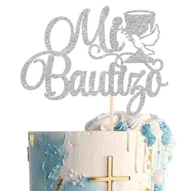 Imagem de Rsstarxi 1 Pack Mi Bautizo Cake Topper Glitter Dove Holy Grail First Communion Cake Pick Christian Religious Baptism Cake Decorations for God Bless Baby Shower Birthday Party Decor Silver