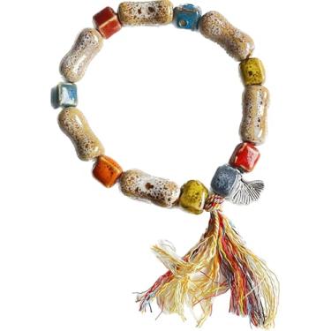 Imagem de CaChnTyche Joias Boho Funky Nativas Americanas, Vintage Colorido Declaração Hippie Borla frisada Cerâmica Artesanal Boêmio Antigo Pulseira Elástica para Mulheres 2025, Medium, Cerâmica, Cerâmica