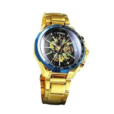 Imagem de Relógio Masculino Automático "Vitorioso" em Aço Inoxidável Dourado com Detalhes Azuis – Luxo, Estilo e Precisão para Homens Modernos
