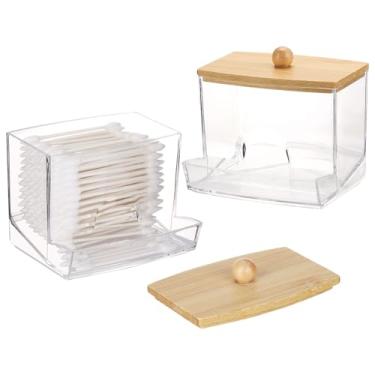 Imagem de Tbestmax Pacote Com 2 Dispensadores De Suporte Para Cotonetes De 10Oz Com Tampas De Bambu, Grande Organizador De Banheiro Transparente Acessórios De Decoração Para Armazenamento - Suporte Para Coton
