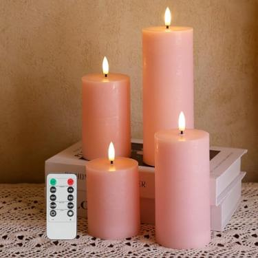 Imagem de AFINETH Velas rosa cintilantes sem chama, velas operadas por bateria de cera real com controle remoto, velas de pilar sem chama de LED de topo plano para casa, casamento, decoração de festa, conjunto