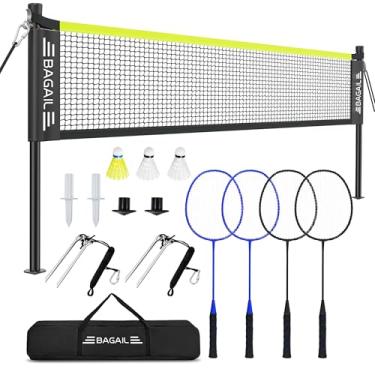 Imagem de BAGAIL Conjunto de rede de badminton ao ar livre com sistema de guincho anti-queda - Tamanho oficial 6 m x 1,5 m, 4 raquetes, 3 petecas, rede PE durável e bolsa de transporte para quintal, praia