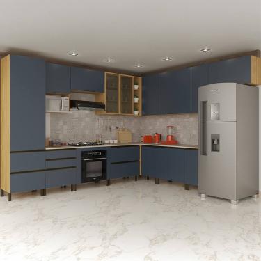 Imagem de Cozinha Completa Bartira Cristal 13 Portas, 9 Gavetas e 15 Prateleiras com 340cm de largura - Lâmina Mel/Azul Royal