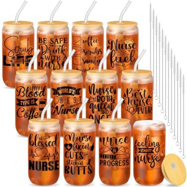 Imagem de Honeydak Conjunto de 12 copos de sublimação de 473 ml, copos de vidro de sublimação de enfermeira, copo de vidro fosco com tampas, canudos, pincéis, agradecimento, presentes de enfermeira, para