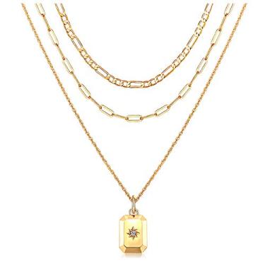 Imagem de CEALXHENY Colar em camadas de ouro 18 K para mulheres, delicada moeda, mau-olhado, lua, sol, estrela, pingente, colar, sobreposição, clipe de papel, gargantilha de corrente, conjunto de joias minimalistas, presentes