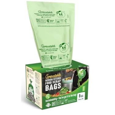 Imagem de UNNI Sacos de forro compostáveis, 6-8 galões, 30 litros, 400 unidades, 0,85 mil resistentes, sacos de sucata de alimentos para caixas médias, ASTM D6400, US BPI, CMA e Europa OK Compost HOME Certified