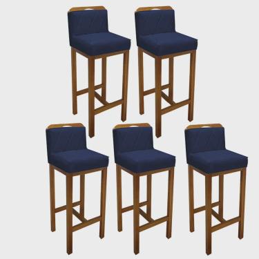 Imagem de Kit 05 Banqueta Alta Com Encosto Simon Cozinha Balcão Bistrô Base Madeira Rústico Suede Azul Marinho - Ahz Móveis