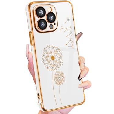 Imagem de Petitian Capa para iPhone 14 Pro Max, lindas capas de telefone projetadas com dente-de-leão com glitter, para iPhone 14 Pro Max, capa de telefone feminina banhada a ouro para 14 Pro Max com protetor de câmera branca