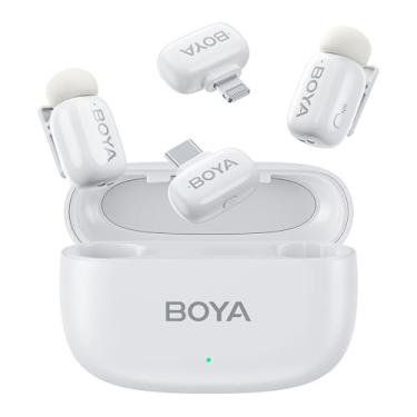 Imagem de Microfone Lapela Boya Mini-13 Sem Fio Branco Android/iOS, Conector USB-C e Lightning, Áudio Profissional, Design Discreto e Elegante, Ideal para Transmissões e Gravações Externas, Lives