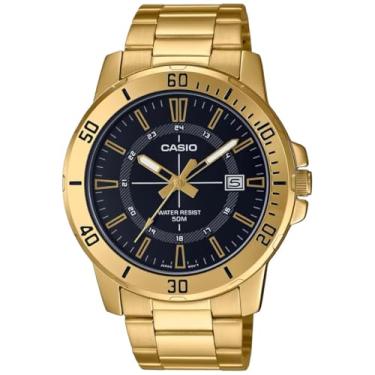 Imagem de Casio Relógio masculino analógico com bisel grosso mostrador preto pulseira de aço inoxidável MTP-VD01G-1CVUDF, Verde: ouro, pulseira