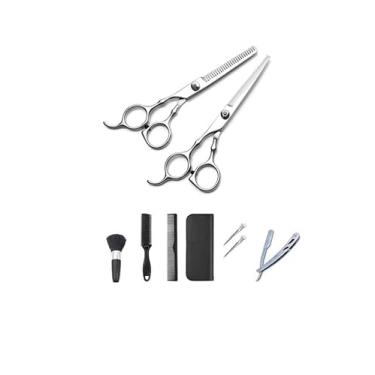 Imagem de Kit Cortar Cabelo Tesouras Profissionais Aço Inox Furta-Cor com Estojo – Tesoura Reta e Dentada, Navalha, Pentes, Escova e Acessórios para Salão ou Uso Doméstico (Prateado)