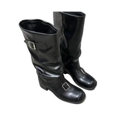 Imagem de Joelho Alto Salto Grosso Botas Femininas Punk Gótico Couro Moda Calçad