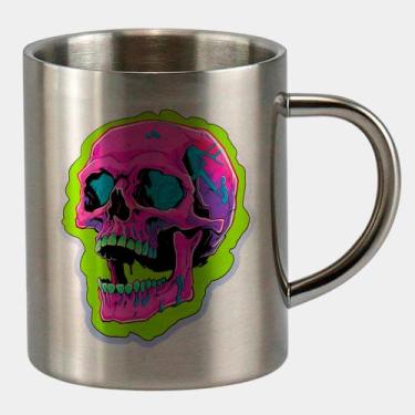 Imagem de Caneca de Inox Premium Prateada 400ml CAVEIRA NEON PSICODELICA - Criat