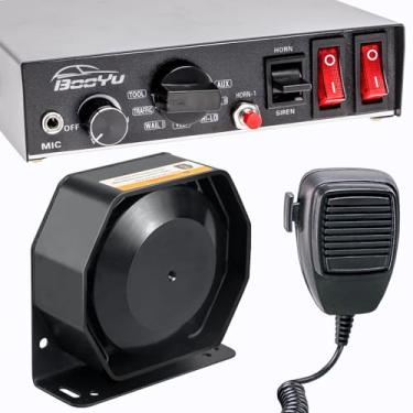 Imagem de BooYu Sirene de emergência policial de 12 V 200 W para caminhões de veículos, alto-falante fino de 9 tons, alarme de buzina [microfone de mão] [2 interruptores de 10 A] para ambulância de bombeiro