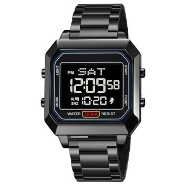 Imagem de zolohoni Relógio digital masculino masculino, quadrado de aço inoxidável, à prova d'água, com data dupla, Preto, Japonês