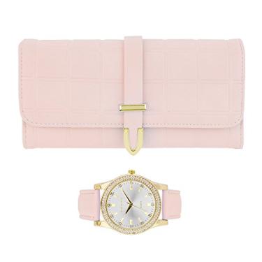 Imagem de Gino Milano Relógio feminino de couro dourado e conjunto de carteira dobrável combinando, rosa, womens-standard, Relógio feminino