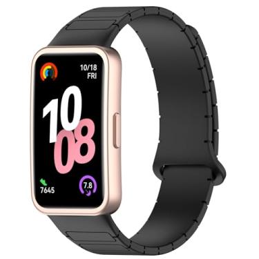 Imagem de AWADUO Pulseira de silicone ajustável inteligente de substituição compatível com Huawei Band 10/10 NFC/9/9 NFC/8/8 NFC, pulseira respirável macia e durável (atração magnética/preta), One Size