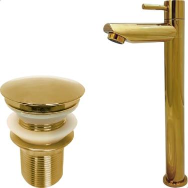 Imagem de Dona D Cor, Kit Torneira Dourada Bica Alta Válvula Click 1 1/4 Inox Pia Banheiro Torneira Fria Simples 1/4 Volta