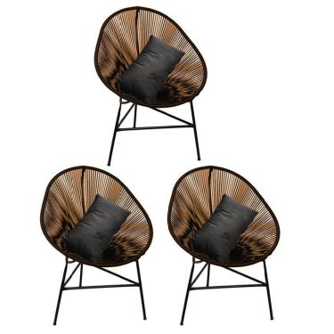 Imagem de Kit 03 Poltrona Cadeira Acapulco Sala Jardim Varanda Marrom Com Almofada Quadrada Suede Cinza