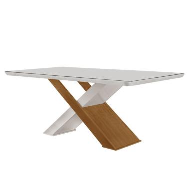 Imagem de Mesa de Jantar Carol Retangular em Vidro 180cm Off White Imbuia com Canto Copo Estilo M...