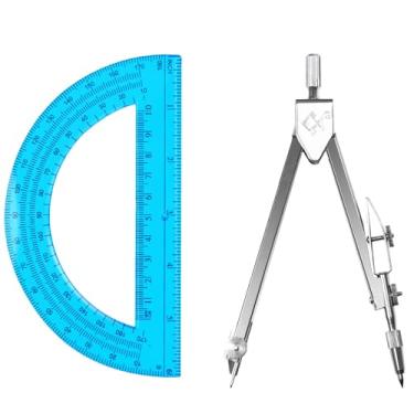Imagem de Tdfronien Conjunto de matemática de geometria para estudantes, bússola de desenho e braço oscilante azul de 15 cm transferidor de matemática de 180 graus (azul)