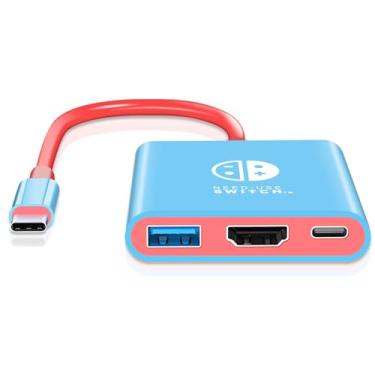 Imagem de Herfair Estação De Encaixe Portátil Switch Dock Para Nintendo E Acessórios Viagem Oled, Adaptador Usb C Hdmi, Steam Deck/Macbook/Laptop/Ipad Pro/Iphone 16/15/Mais (Azul Clássico + Vermelho)