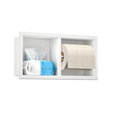 Imagem de Bernkot Suporte de papel higiênico de rolo duplo, suporte de papel higiênico embutido para reforma de banheiro, aço inoxidável 304 horizontal papel higiênico nicho (branco fosco)
