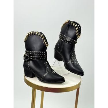 Imagem de Bota Feminina Preta em Couro, Cano Médio 12cm, Salto 4.5cm, Estilo Militar com Tachas e Detalhes Dourados (PRETA, BR, Adulto, Numérico, 34)