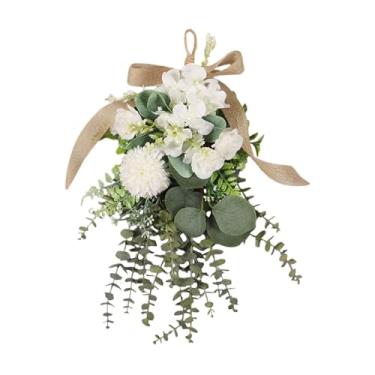 Imagem de oshhni Guirlanda de flores artificiais em formato de lágrima, crisântemo, eucalipto, guirlanda de flores florais em formato de lágrima, 40 cm para cafés, Branco