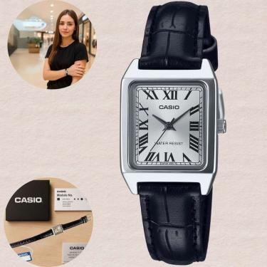 Imagem de Relógio Casio LTP-V007L-7B1 Feminino Quadrado Analógico Quartzo Caixa Prateada Pulseira Couro Clássico Casual Elegante Prova D`água 3 ATM