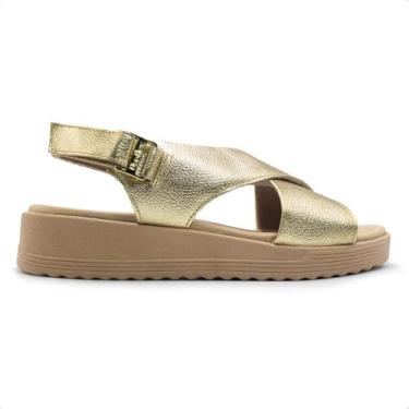 Imagem de Sandália Usaflex Feminina Couro Salto Anabela Ajuste Fecho-flex Casual Ouro Light Ma10005006 35