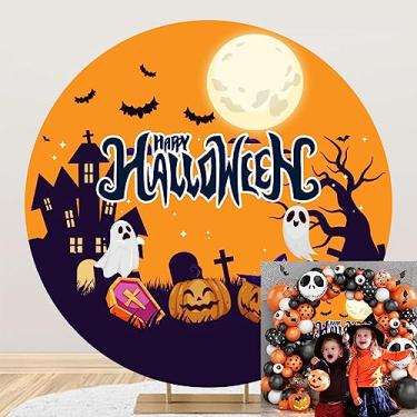 Imagem de OERJU Capa de fundo redonda Happy Halloween - Fundo de foto circular para castelo assombrado, decorações de festa fantasma - 2,2 x 2,2 m
