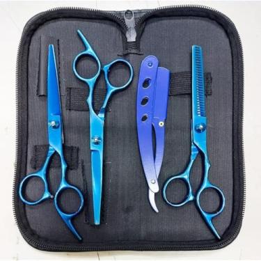 Imagem de Kit Barbeiro Aço Inox Cabeleireiro Tesouras Navalha Pentes Barbearia Corte Masculino Profissional Barbeiro Cabeleireiro Pet (Tesoura Boreal) (Azul)