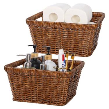 Imagem de Fvstar 2 cestos de vime de poliéster sob prateleira, cesta de armazenamento de vime empilhável, alças embutidas, cestas tecidas à mão, caixas de armazenamento doméstico para prateleiras, armário